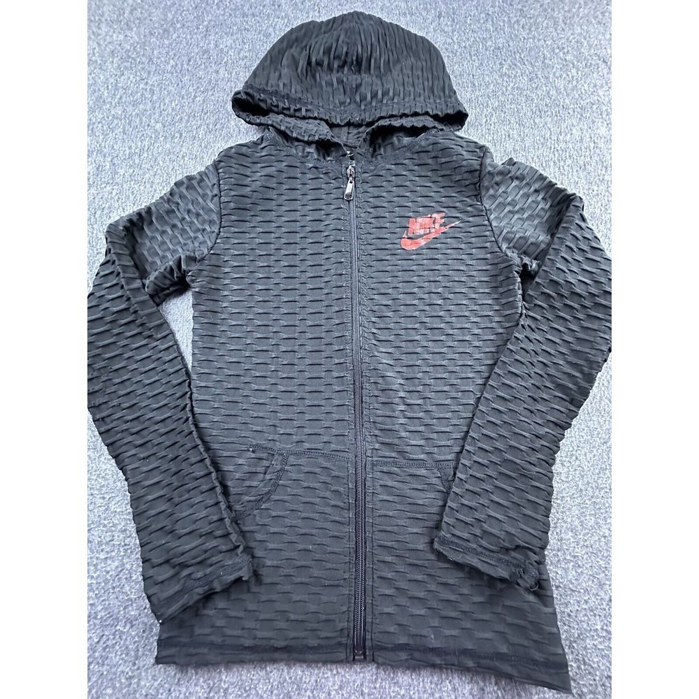 Nike‎ Jacket Womens Small Black Textured Fitted Stretch Hood Full Zip Athleisure